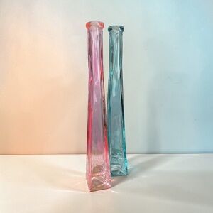 Set of 2 tall glass vases with applied color, maker unknown